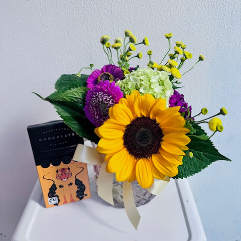 'Sunshine' - Bright Posy in a vase with Chocolate